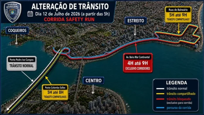 corrida Safety Run Mapa com as alterações de trânsito para a corrida Safety Run