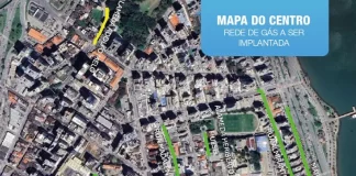 Mapa das ruas com implantação da rede de gás natural em Florianópolis