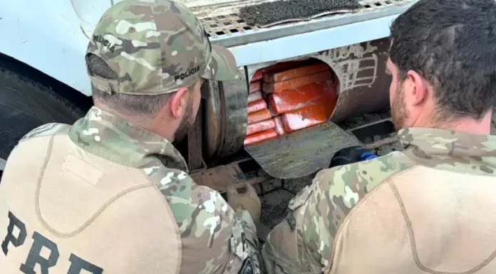Motorista paraguaio é preso com 581 quilos de maconha na BR-282 em Xanxerê Agentes da PRF retirando as drogas de compartilhamento em caminhão qu resultou na prisão de um motorista paraguaio