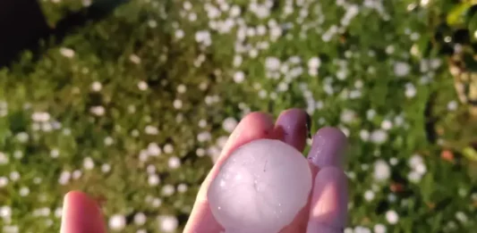 Pessoa segurando granizo na mão após temporal em Florianópolis