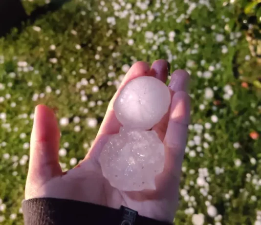 Mais de mil famílias são atendidas após temporal com granizo em Florianópolis Pessoa segurando granizo na mão após temporal em Florianópolis