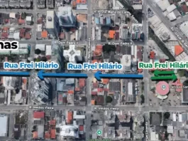 Imagem de mapa mostrando alteração na Rua Frei Hilário, no Bairro Campinas em São José
