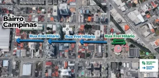 Imagem de mapa mostrando alteração na Rua Frei Hilário, no Bairro Campinas em São José