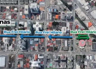 Imagem de mapa mostrando alteração na Rua Frei Hilário, no Bairro Campinas em São José