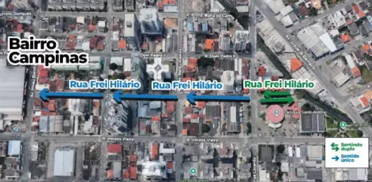 São José altera sentido de circulação em duas ruas Imagem de mapa mostrando alteração na Rua Frei Hilário, no Bairro Campinas em São José