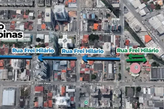 São José altera sentido de circulação em duas ruas Imagem de mapa mostrando alteração na Rua Frei Hilário, no Bairro Campinas em São José