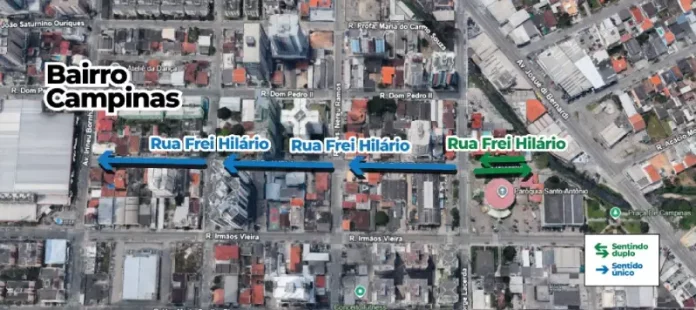 Rua Frei Hilário_Campinas_São José Imagem de mapa mostrando alteração na Rua Frei Hilário, no Bairro Campinas em São José