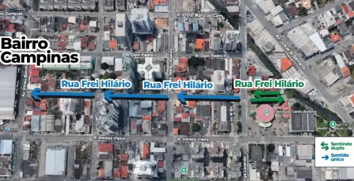 São José altera sentido de circulação em duas ruas Imagem de mapa mostrando alteração na Rua Frei Hilário, no Bairro Campinas em São José