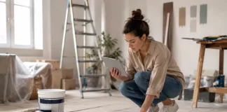 Casa funcional: escolhas que evitam retrabalho durante a reforma Imagem gerada por IA (OpenAI), mulher olhando projetos simbolizando casa funcional
