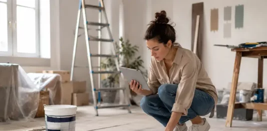 Imagem gerada por IA (OpenAI), mulher olhando projetos simbolizando casa funcional