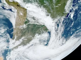 Defesa Civil de SC monitora formação de ciclone-bomba no Sul do Brasil Foto mostra mapa metereológico onde poderá ter a formação de ciclone-bomba