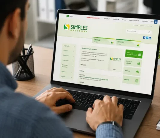 Simples Nacional: empresas têm até 30 de setembro para optar pelo regime em 2027 Pessoa trabalhando em computador com acesso ao Portal do Simples Nacional, ilustrando os novos prazos de opção para 2027.