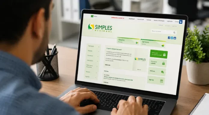Simples Nacional: empresas têm até 30 de setembro para optar pelo regime em 2027 Pessoa trabalhando em computador com acesso ao Portal do Simples Nacional, ilustrando os novos prazos de opção para 2027.