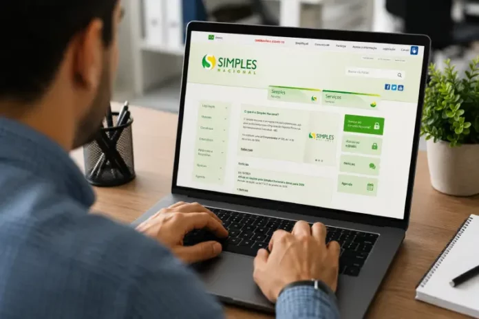 Simples Nacional Pessoa trabalhando em computador com acesso ao Portal do Simples Nacional, ilustrando os novos prazos de opção para 2027.