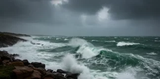 Mar agitado e ondas fortes ilustram a previsão de ressaca e o risco de alagamentos costeiros no litoral de Santa Catarina.