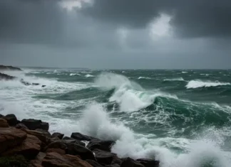 Mar agitado e ondas fortes ilustram a previsão de ressaca e o risco de alagamentos costeiros no litoral de Santa Catarina.