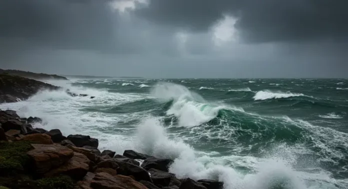 Mar agitado e ondas fortes ilustram a previsão de ressaca e o risco de alagamentos costeiros no litoral de Santa Catarina.