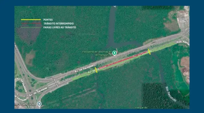 Mapa com os pontos de interdição na Avenida da Saudade