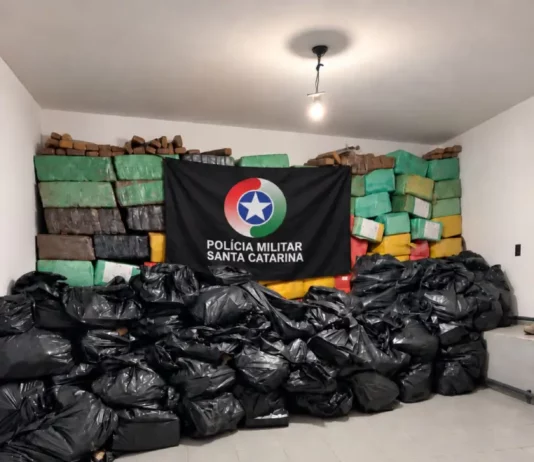Imagem mostra parte das mais de 4 toneladas de maconha apreendidas em Palhoça durante operação da Polícia Militar.