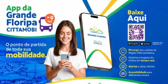 novo aplicativo Arte de divulgação do novo aplicativo de transporte coletivo da Grande Florianópolis mostra passageira usando celular e destaca serviços como horários em tempo real, recarga de cartões e acessibilidade.