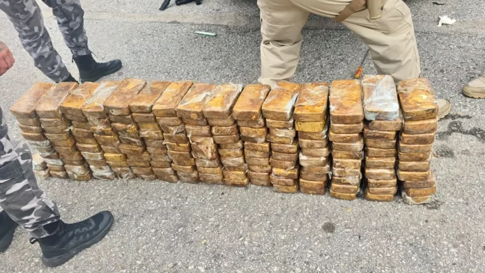 A imagem mostra os tabletes de pasta base de cocaína apreendidos durante uma operação policial na BR-101, em Biguaçu.
