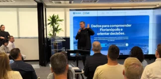 Apresentação do Atlas Floripa durante evento da Prefeitura de Florianópolis, que lançou a plataforma para reunir dados públicos e comparar indicadores da Capital com outras cidades brasileiras.