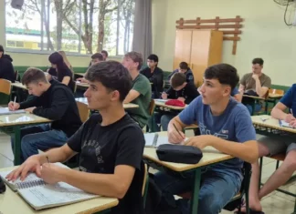 Estudantes em sala de aula de um Cedup Agrotécnico em Santa Catarina, que oferece 459 vagas gratuitas para o Ensino Médio integrado ao curso Técnico em Agropecuária.