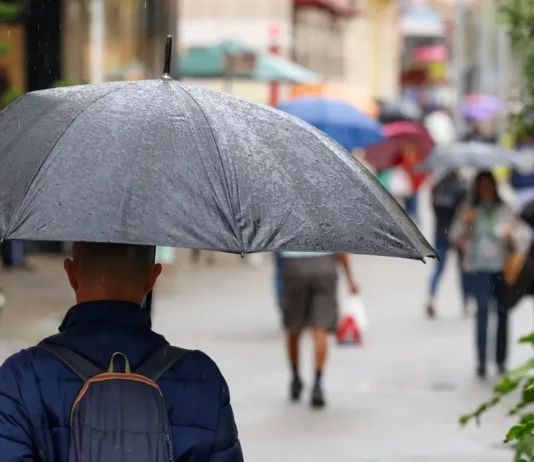 Próximos três meses terão chuva frequente e períodos de calor em Santa Catarina Pessoa caminha com guarda-chuva durante chuva em área urbana, ilustrando a previsão de chuva frequente em Santa Catarina nos próximos três meses.