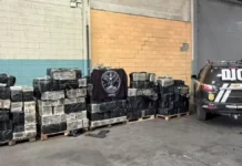 Pacotes de cocaína apreendidos pela Polícia Civil em Balneário Piçarras, durante a maior apreensão da droga da história de Santa Catarina, ao lado de uma viatura policial.