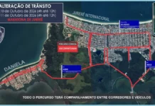 Mapa das alterações no trânsito para as corridas de rua em Jurerê e Daniela, em Florianópolis, com os percursos destacados em vermelho e os horários das intervenções.
