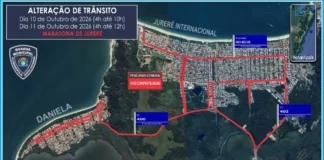 Mapa das alterações no trânsito para as corridas de rua em Jurerê e Daniela, em Florianópolis, com os percursos destacados em vermelho e os horários das intervenções.