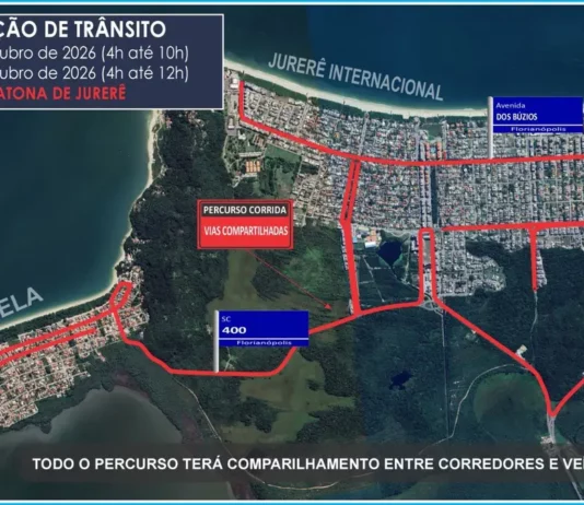 Mapa das alterações no trânsito para as corridas de rua em Jurerê e Daniela, em Florianópolis, com os percursos destacados em vermelho e os horários das intervenções.