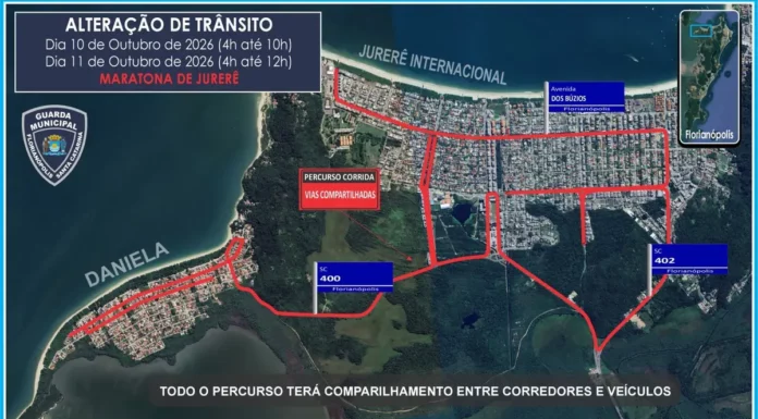 Mapa das alterações no trânsito para as corridas de rua em Jurerê e Daniela, em Florianópolis, com os percursos destacados em vermelho e os horários das intervenções.
