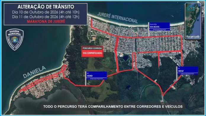 corridas-de-rua-maratona-jurere-1200x675 Mapa das alterações no trânsito para as corridas de rua em Jurerê e Daniela, em Florianópolis, com os percursos destacados em vermelho e os horários das intervenções.