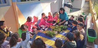 Crianças participam de atividade educativa com plantas em uma unidade de Educação Infantil de Florianópolis, cuja rede municipal abriu o período de rematrículas para 2027.