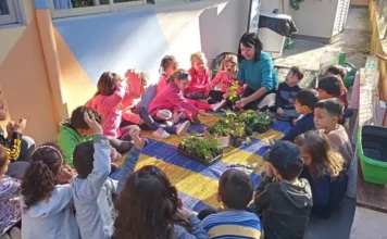 Crianças participam de atividade educativa com plantas em uma unidade de Educação Infantil de Florianópolis, cuja rede municipal abriu o período de rematrículas para 2027.