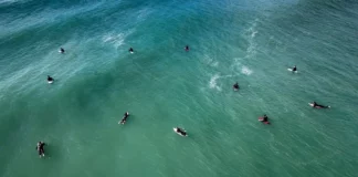 Vista aérea de surfistas no mar, ilustrando as autorizações para aulas de surfe e outras atividades nas praias de Florianópolis durante o verão 2026/2027.
