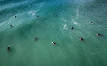 Florianópolis abre 307 vagas para atividades nas praias durante o verão Vista aérea de surfistas no mar, ilustrando as autorizações para aulas de surfe e outras atividades nas praias de Florianópolis durante o verão 2026/2027.