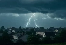 Raios iluminam o céu durante temporal com chuva e nuvens carregadas sobre uma área residencial, ilustrando o risco de tempestades em Santa Catarina.