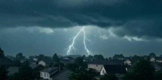 Raios iluminam o céu durante temporal com chuva e nuvens carregadas sobre uma área residencial, ilustrando o risco de tempestades em Santa Catarina.