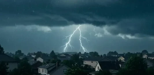 Raios iluminam o céu durante temporal com chuva e nuvens carregadas sobre uma área residencial, ilustrando o risco de tempestades em Santa Catarina.