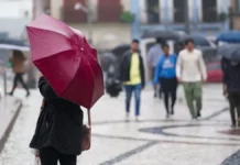 Pessoa segura guarda-chuva vermelho enquanto pedestres caminham sob chuva em uma área urbana de Santa Catarina.