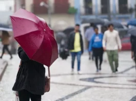Santa Catarina tem alerta de temporais e chuva intensa nesta sexta-feira; veja regiões de maior risco Pessoa segura guarda-chuva vermelho enquanto pedestres caminham sob chuva em uma área urbana de Santa Catarina.