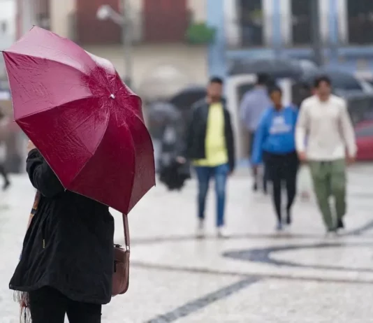 Santa Catarina tem alerta de temporais e chuva intensa nesta sexta-feira; veja regiões de maior risco Pessoa segura guarda-chuva vermelho enquanto pedestres caminham sob chuva em uma área urbana de Santa Catarina.