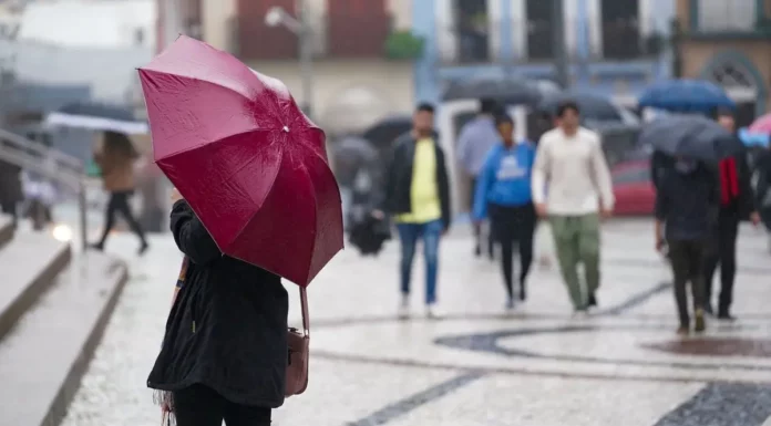 Santa Catarina tem alerta de temporais e chuva intensa nesta sexta-feira; veja regiões de maior risco Pessoa segura guarda-chuva vermelho enquanto pedestres caminham sob chuva em uma área urbana de Santa Catarina.